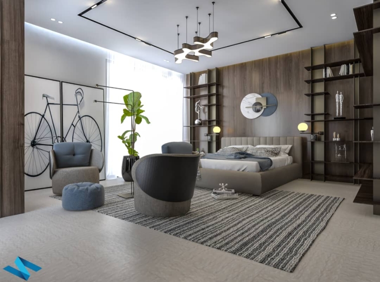 Modern bedroom with a low platform bed, circular gray chairs, striped rug, and dark wood shelving along the wall.