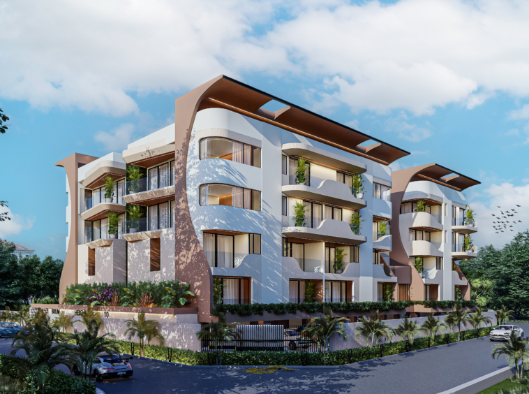 Modern white apartment building with curved brown canopies on balconies under a bright blue sky and scattered clouds.