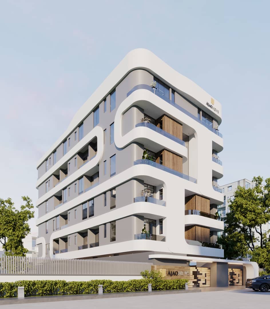 Rendering of a modern white apartment building with rounded corners and curved balconies.