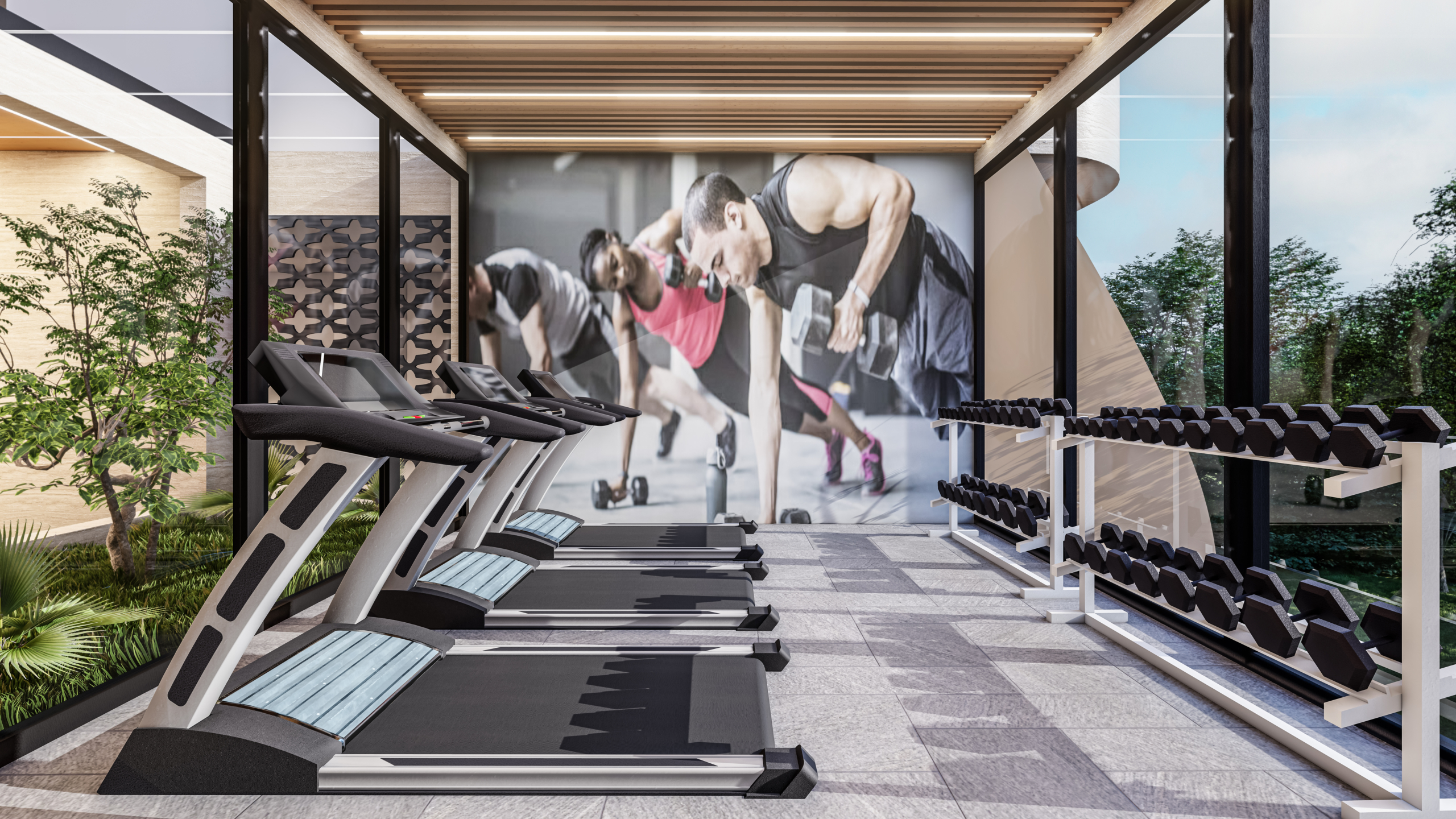 Modern gym with treadmills on the left, dumbbell racks on the right, and a large workout mural on the back wall. Outdoor greenery visible through glass walls.