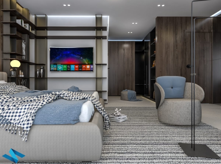 Modern bedroom suite with a wall-mounted TV, low platform bed, blue-gray throws, open shelving, and a round gray chair on a striped rug.