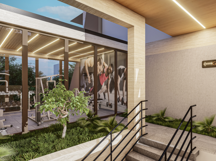 Modern gym interior visible through glass walls with workout equipment and greenery outside, sign points to GYM.