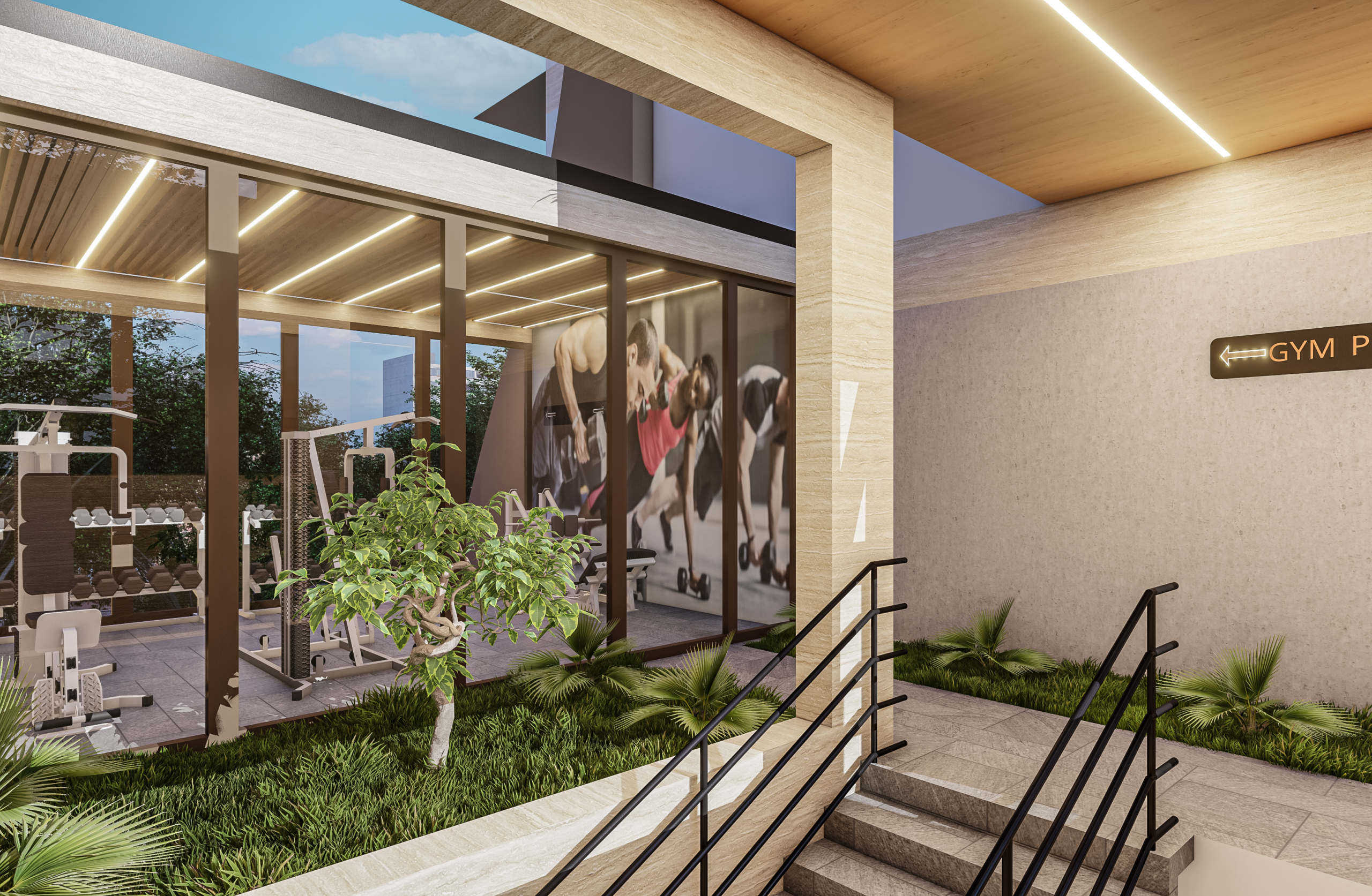 Modern gym interior visible through glass walls with workout equipment and greenery outside, sign points to GYM.