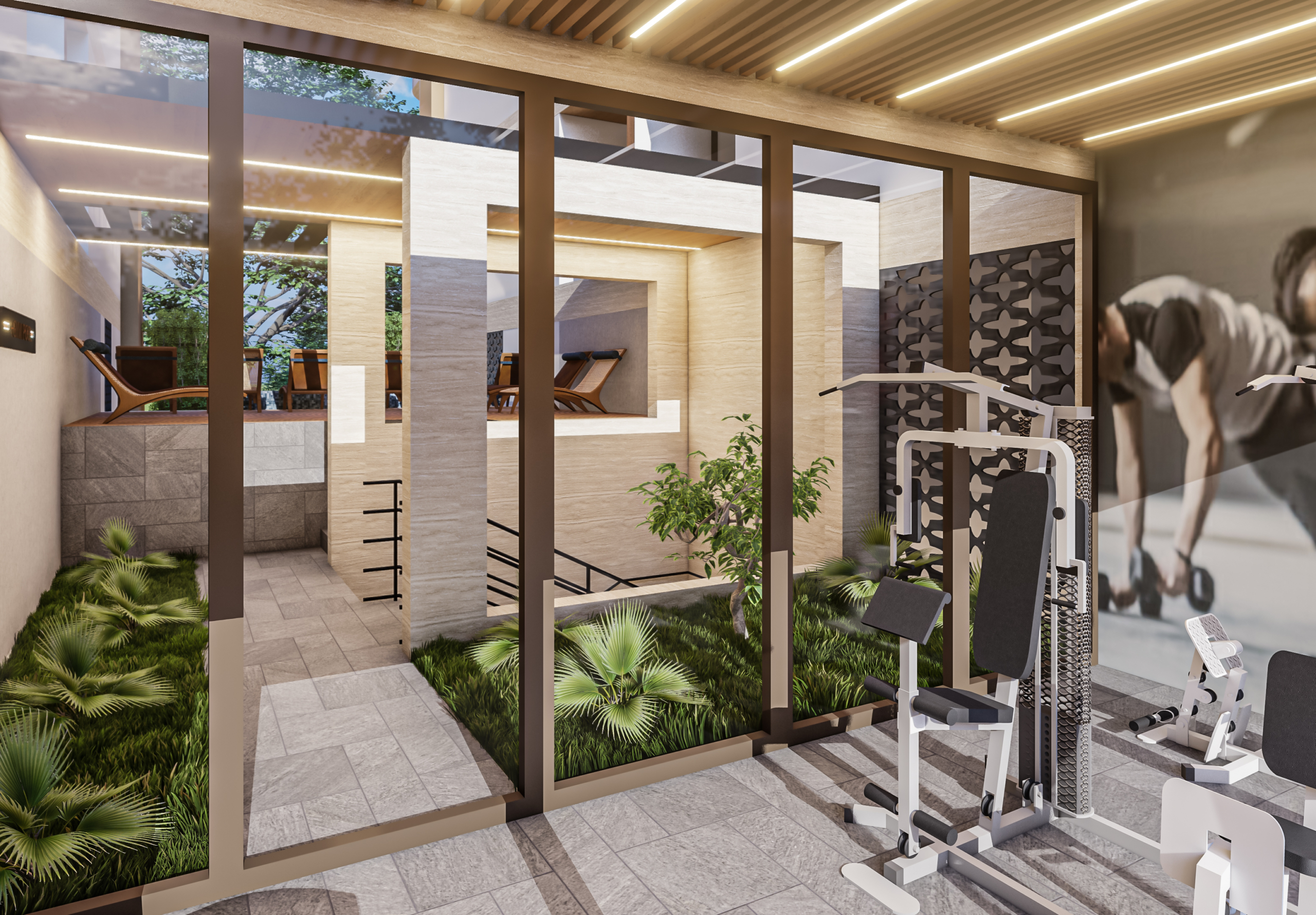 Modern gym interior with glass walls, cardio and strength machines, and greenery visible outside the windows.