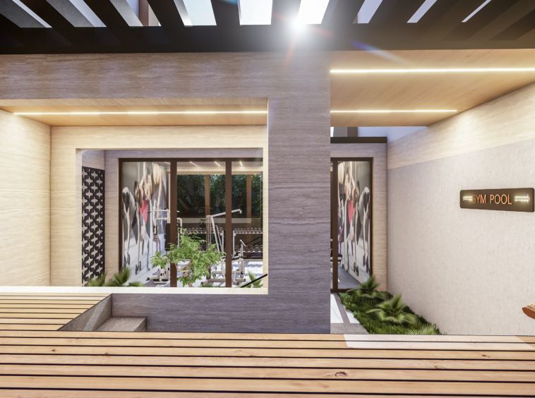 Modern gym entrance with glass doors; indoor workout area visible through the doors and a sign reading GYM POOL with arrows on the wall.