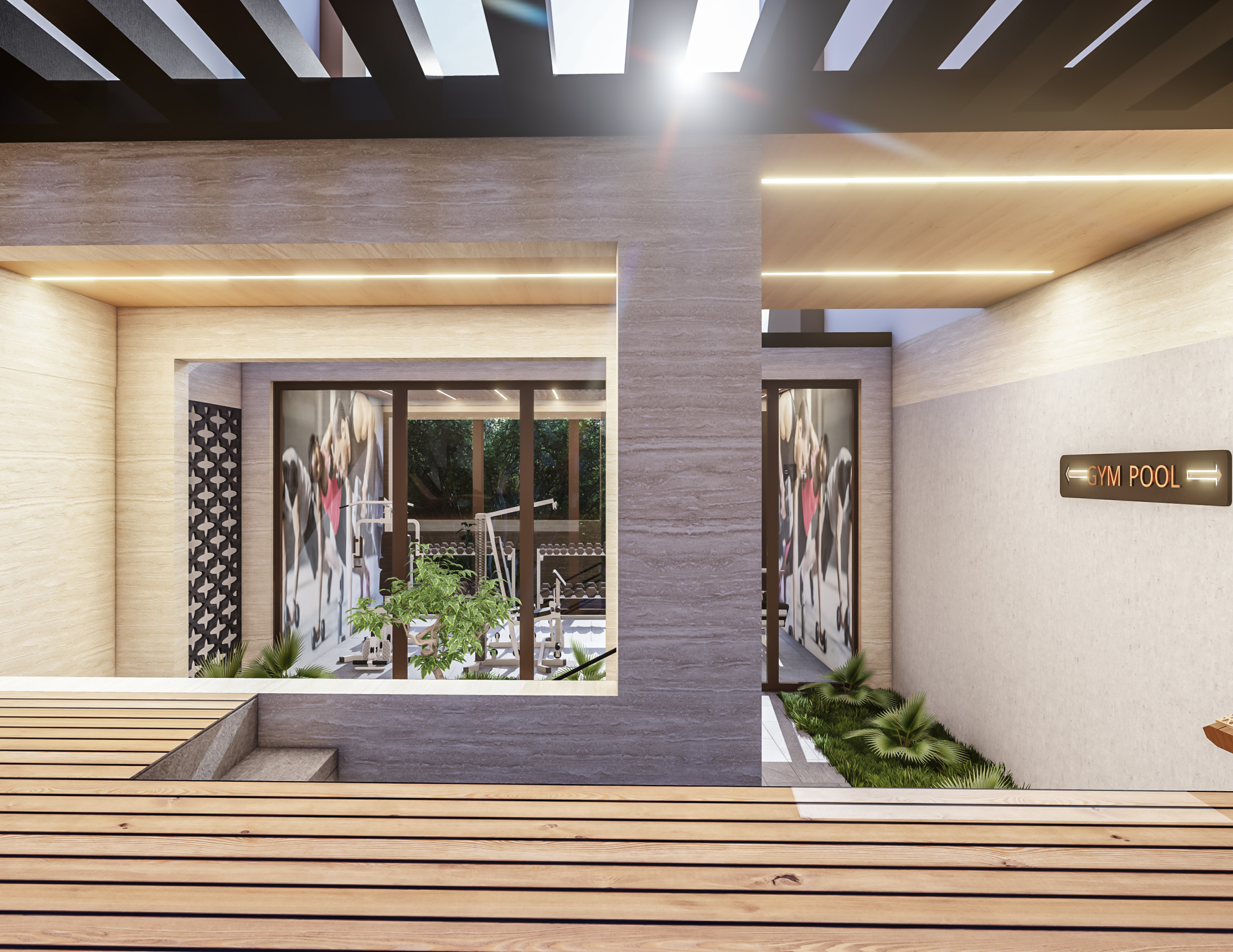 Modern gym entrance with glass doors; indoor workout area visible through the doors and a sign reading GYM POOL with arrows on the wall.