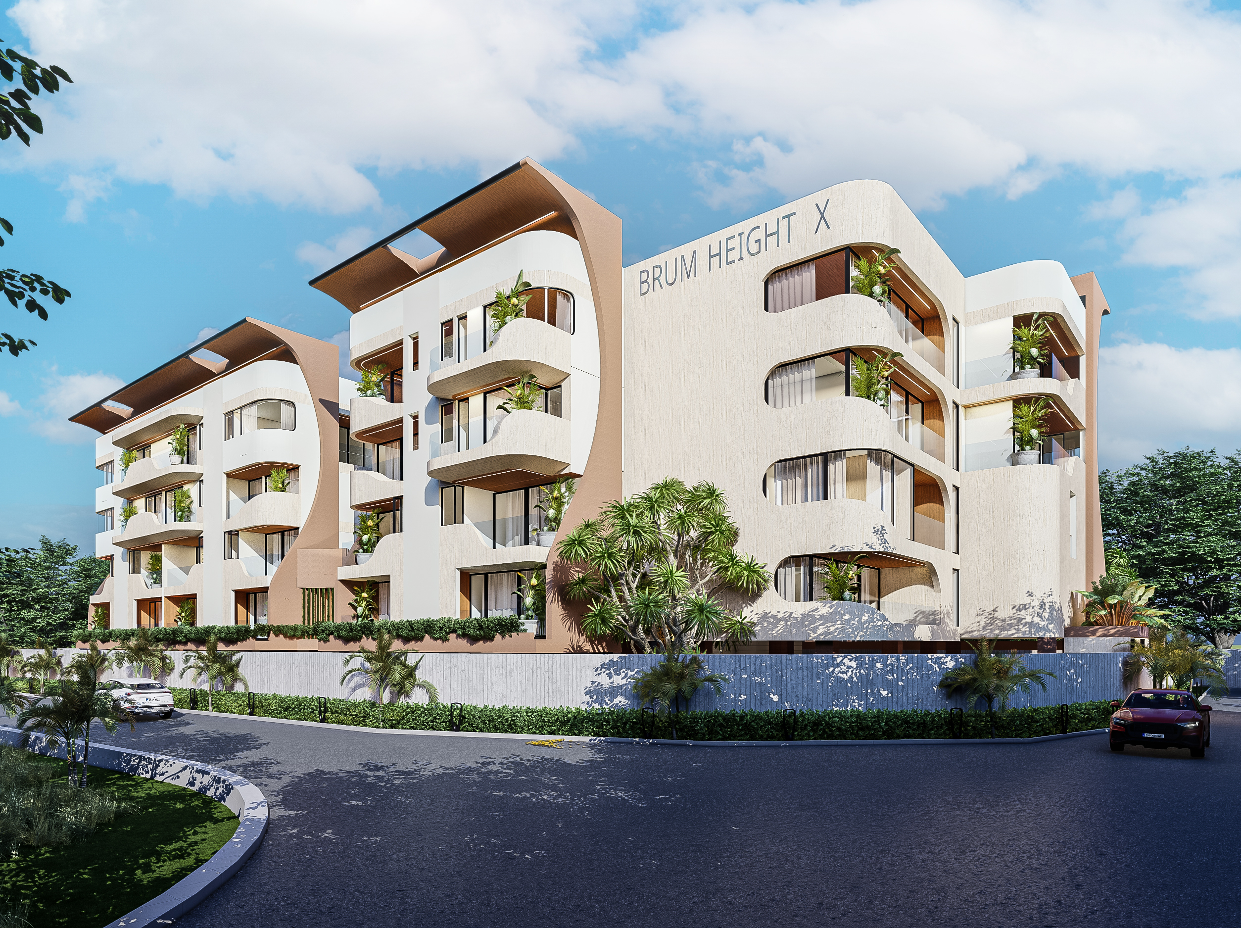 Modern apartment building with curved beige balconies and greenery against a blue sky, labeled Brum Height X at top edge.