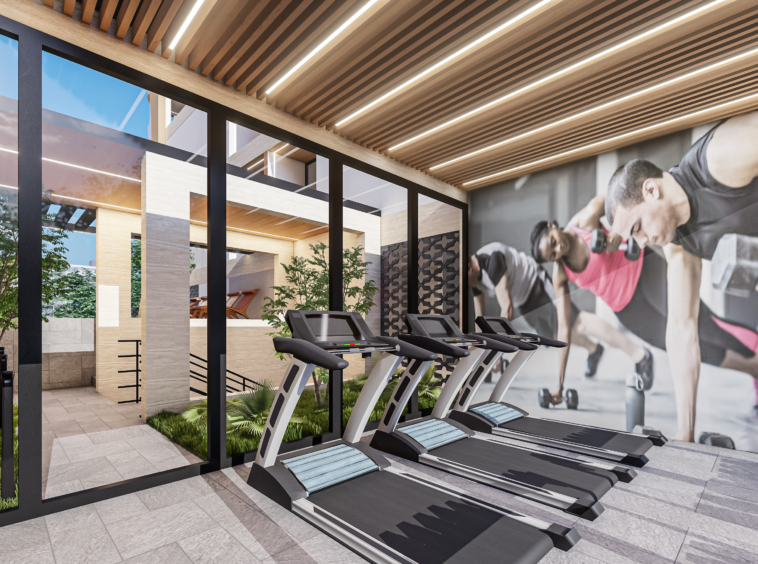 Modern gym with four treadmills along a glass partition, wooden ceiling, and tropical plants.