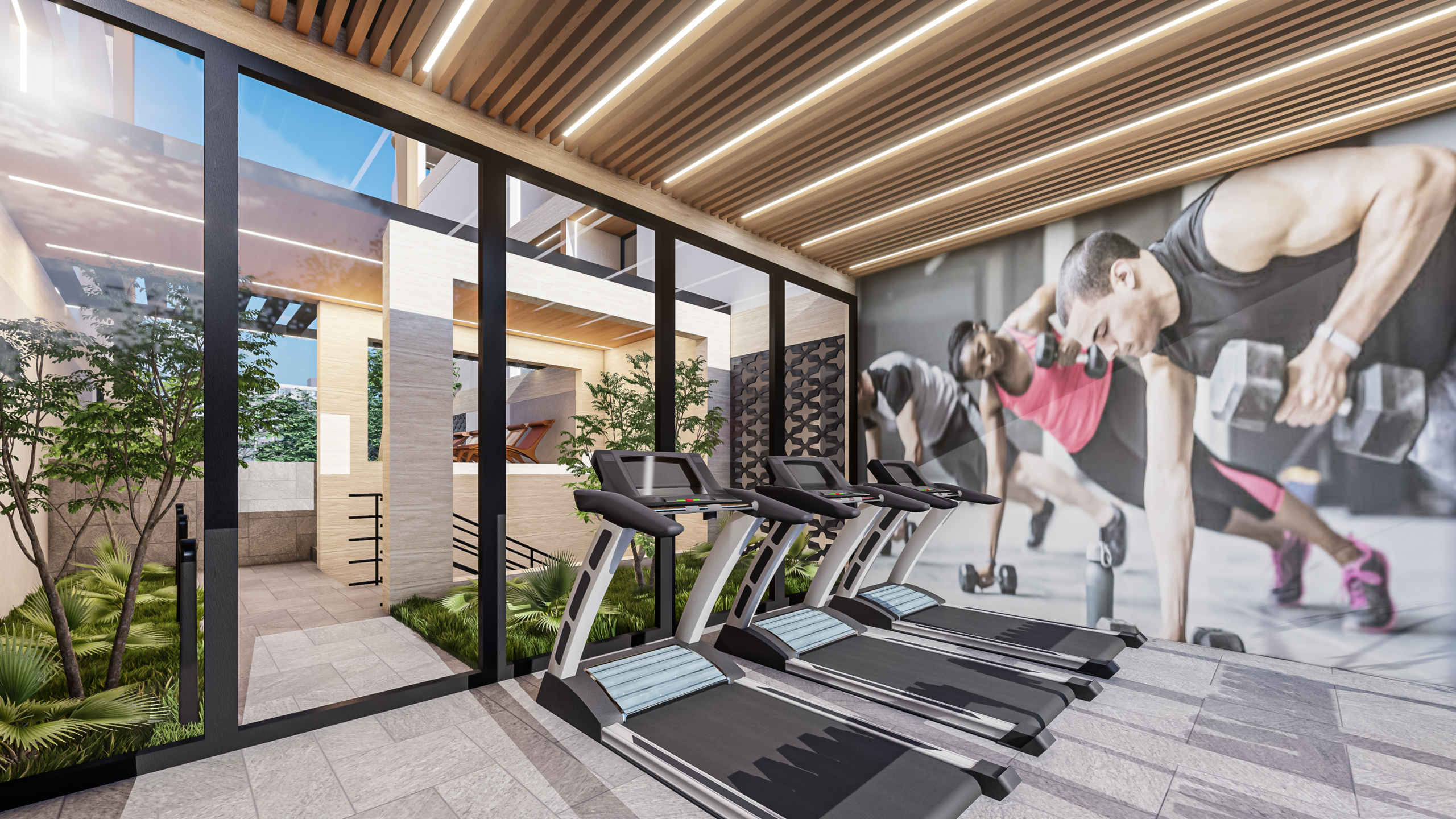 Modern gym with four treadmills along a glass partition, wooden ceiling, and tropical plants.