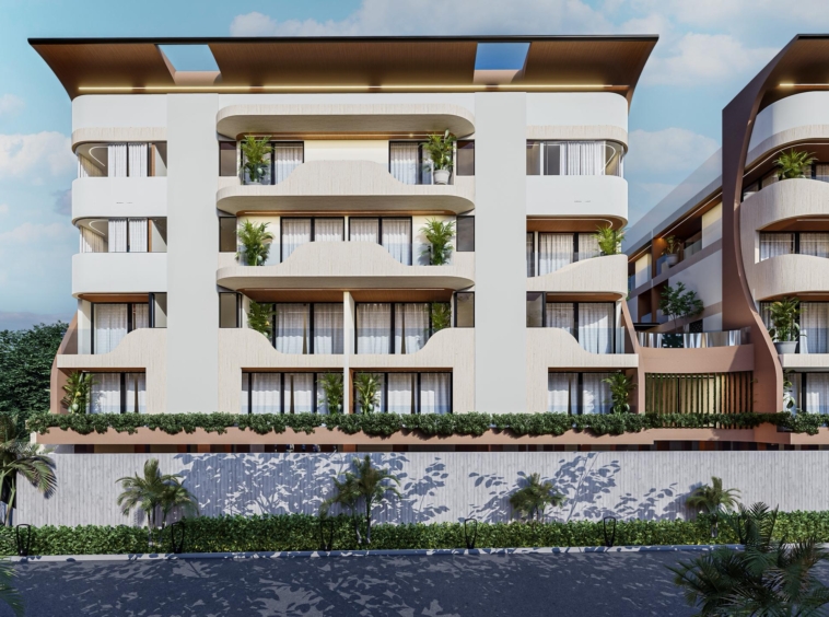Modern residential building with curved balconies, white facade, and greenery on each level under a blue sky.