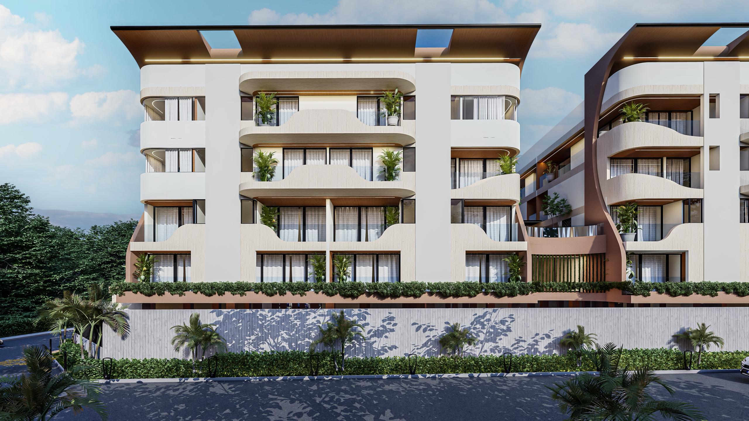Modern residential building with curved balconies, white facade, and greenery on each level under a blue sky.