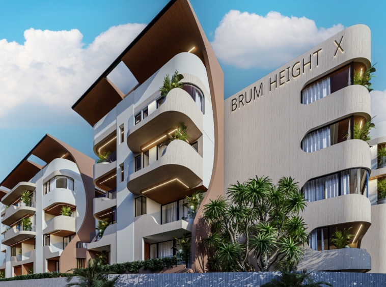 Modern residential building with curved balconies and greenery against a blue sky; sign reads 'BRUM HEIGHT X' on the facade