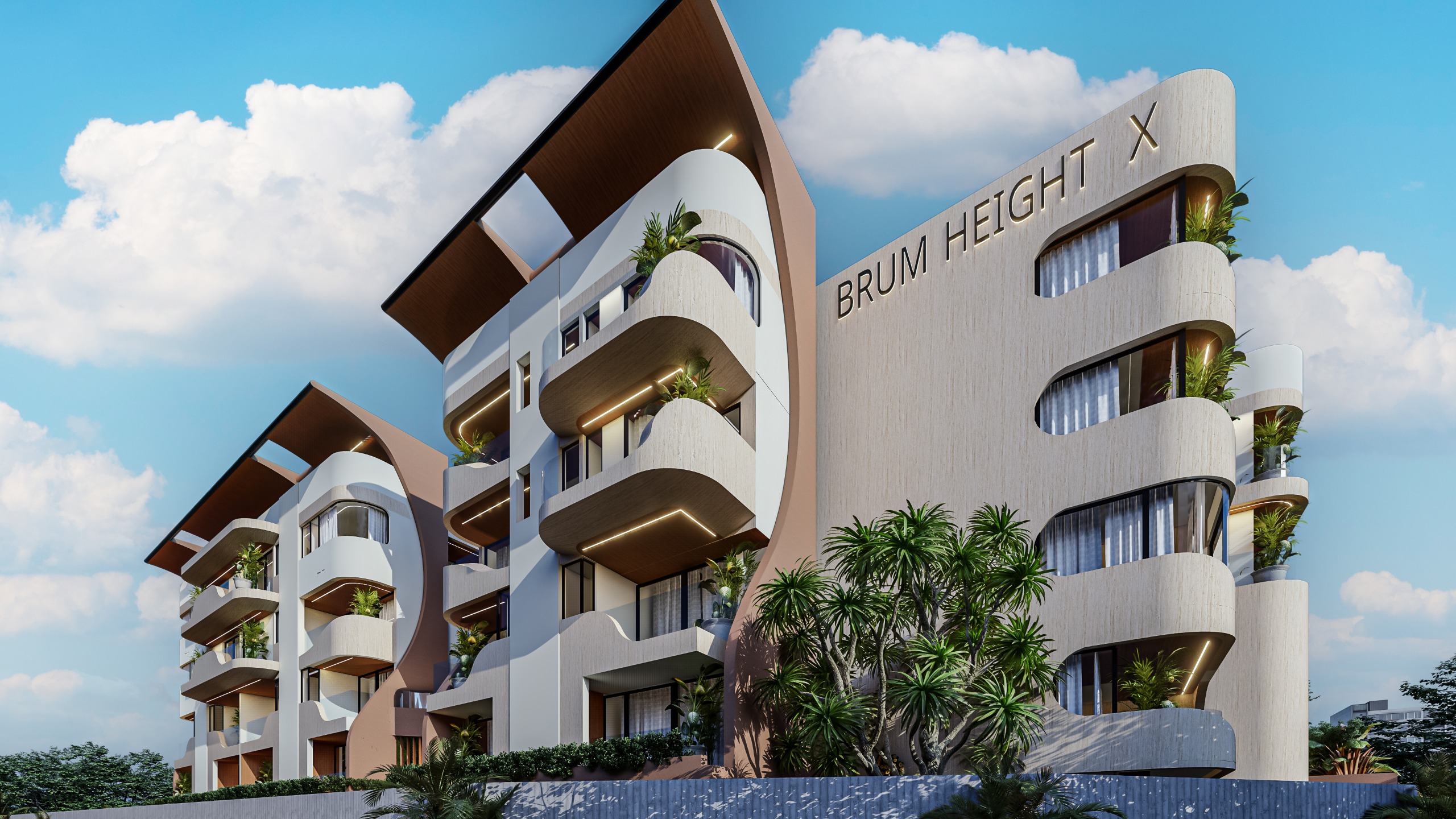 Modern residential building with curved balconies and greenery against a blue sky; sign reads 'BRUM HEIGHT X' on the facade
