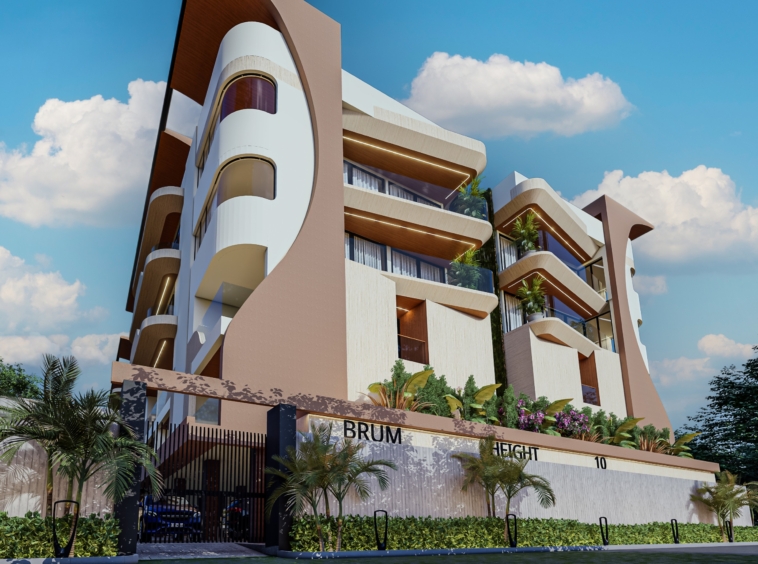 Modern multi-story apartment building with rounded balconies and a pink-beige facade under a clear blue sky.