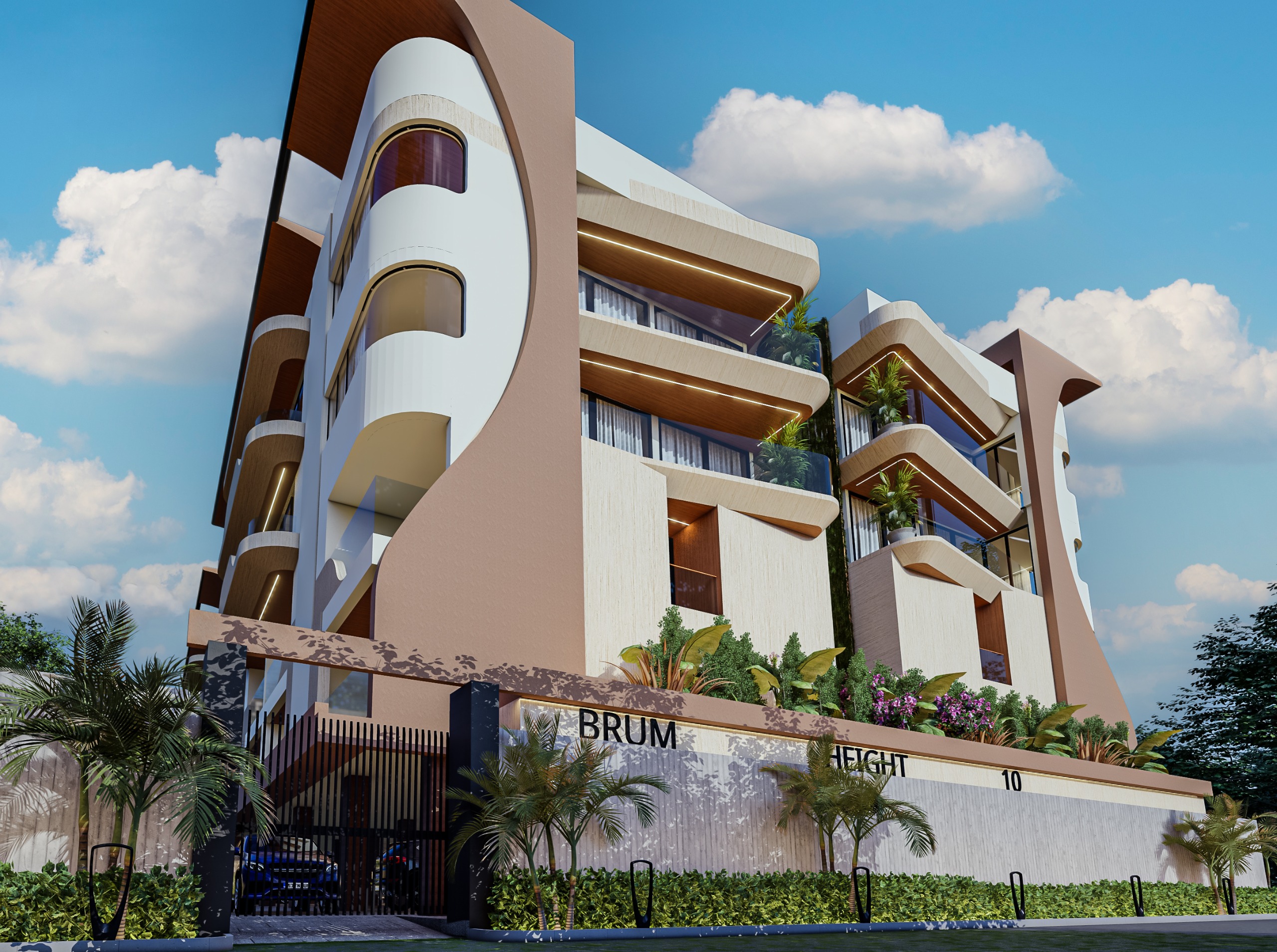 Modern multi-story apartment building with rounded balconies and a pink-beige facade under a clear blue sky.