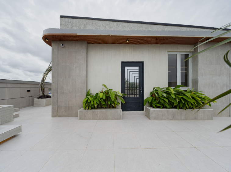 Modern beige concrete building entrance featuring a black-framed door and green potted plants in square planters.