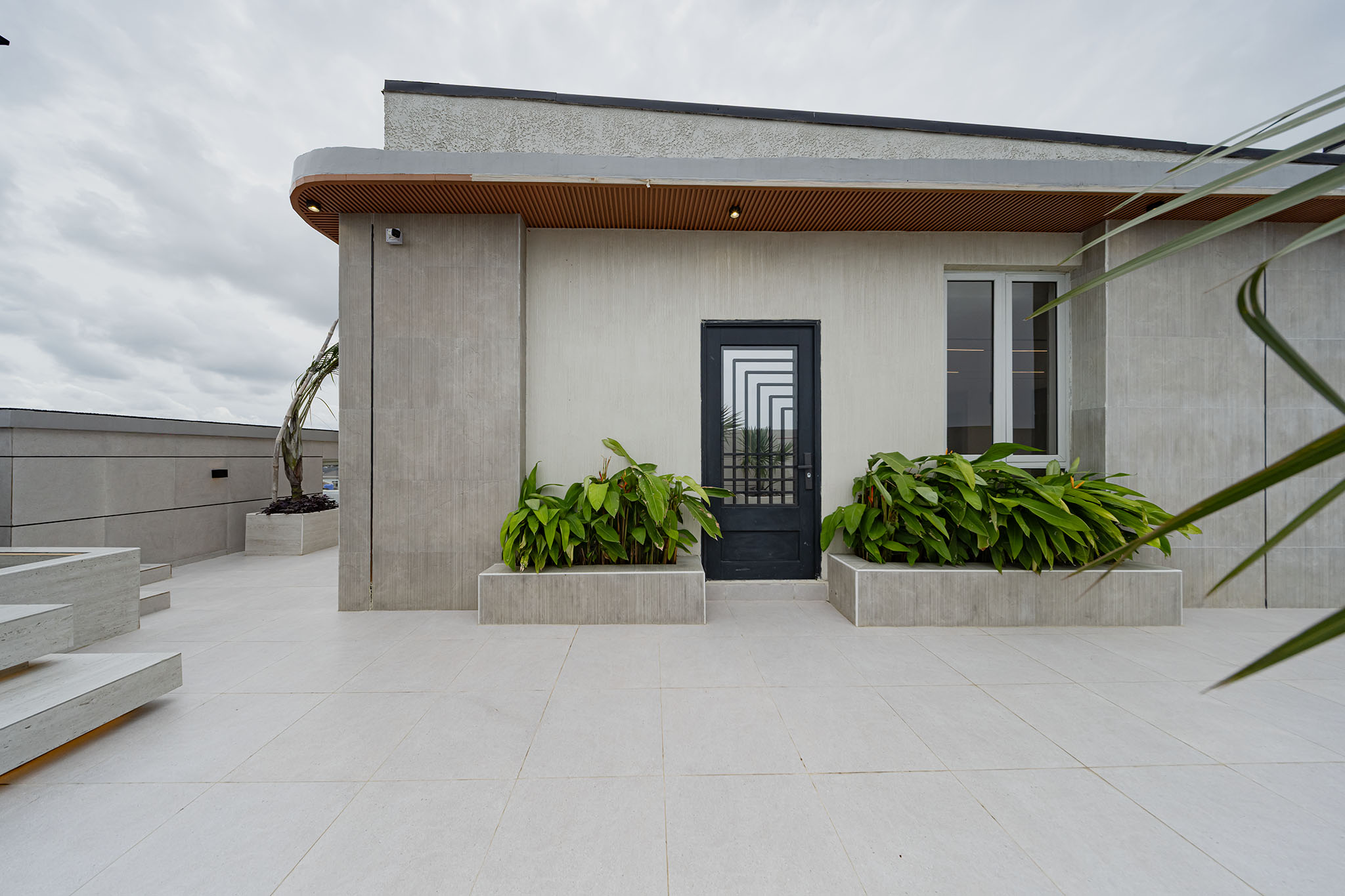 Modern beige concrete building entrance featuring a black-framed door and green potted plants in square planters.