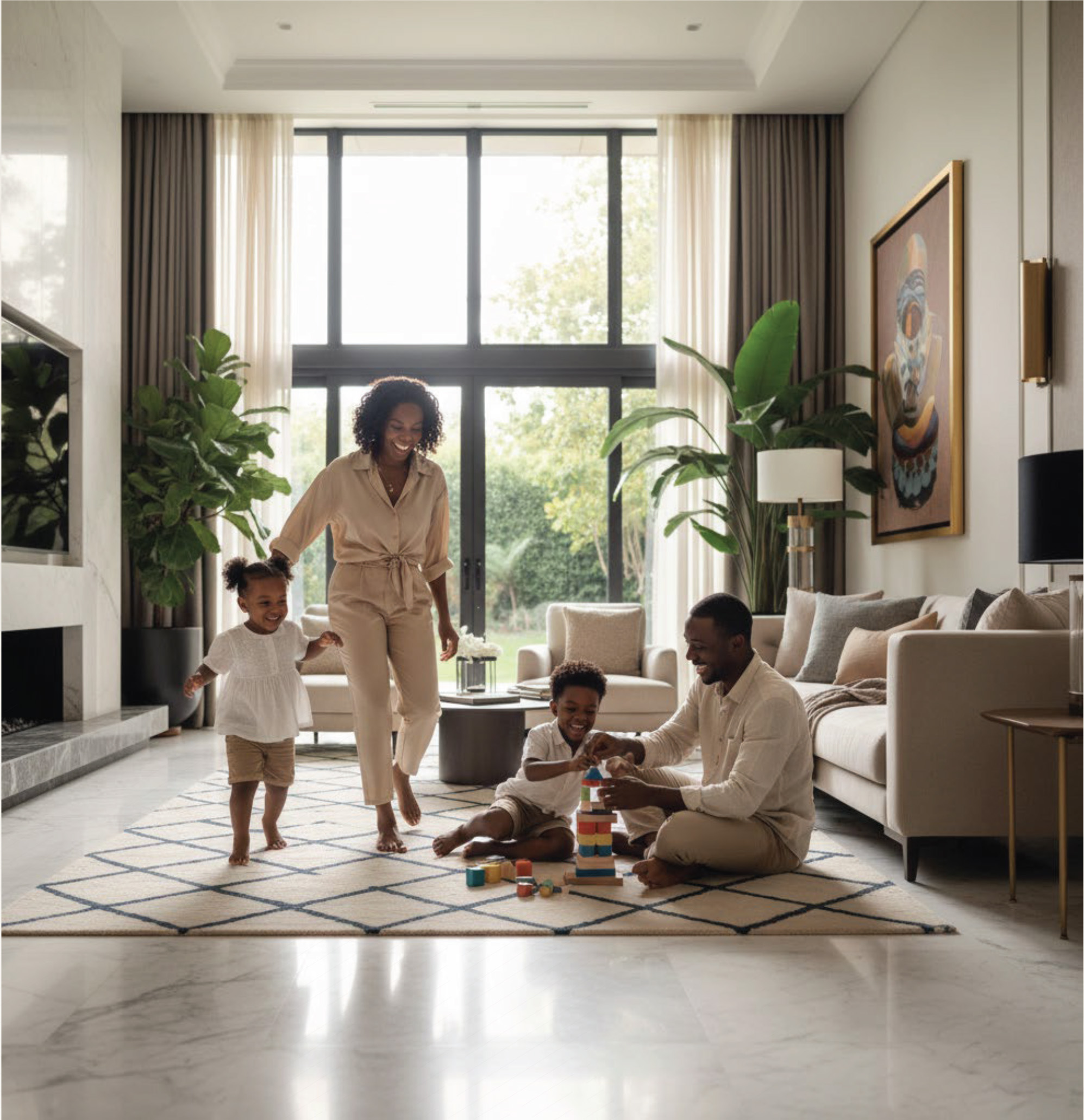 Family of four playing with colorful building blocks on a living room rug, near large windows and indoor plants in a bright home.