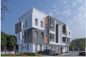 Modern multi-story apartment building with white and gray exterior, balconies, and parked cars in front.