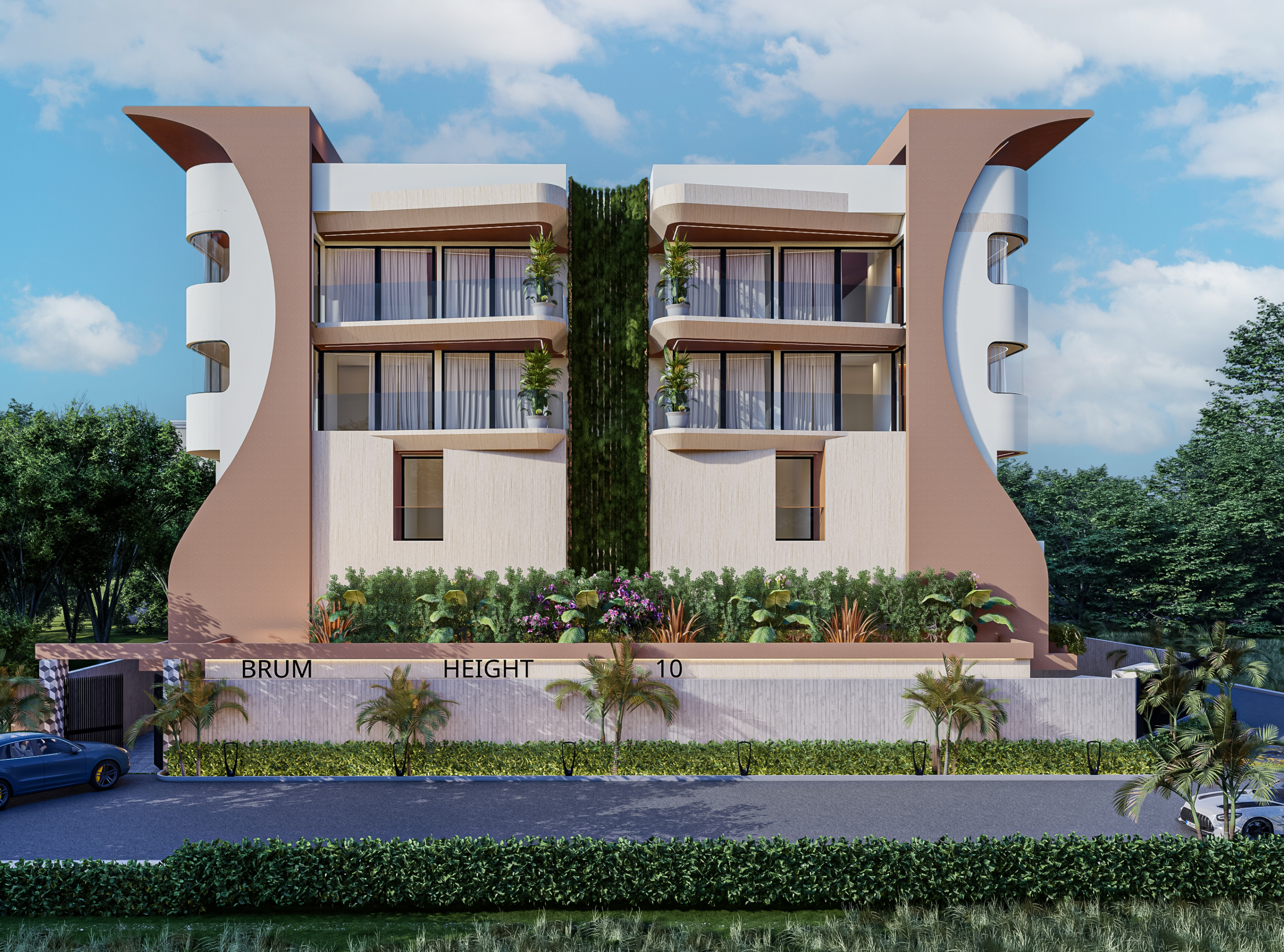 Contemporary multi-story residential building with a central vertical garden, curved balconies, and large glass windows, flanked by brown and white facades.
